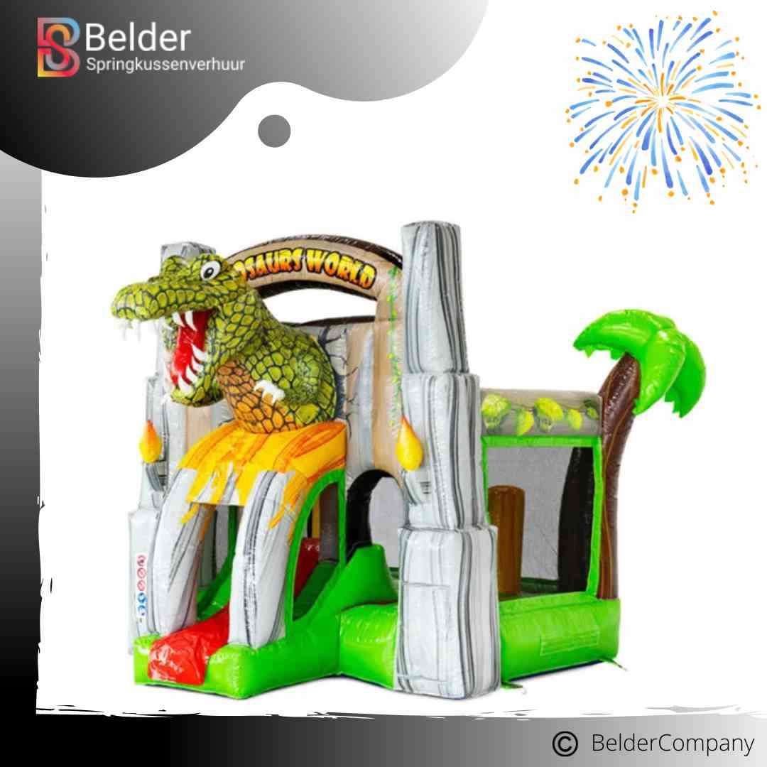 Kinderen springen op een kleurrijk Dino springkussen te huur in Zuid‑Holland – ideaal voor feestjes in Nieuwerkerk aan den IJssel, Rotterdam‑Zuid, Capelle aan den IJssel, Zevenhuizen‑Moerkapelle en Krimpen aan den IJssel